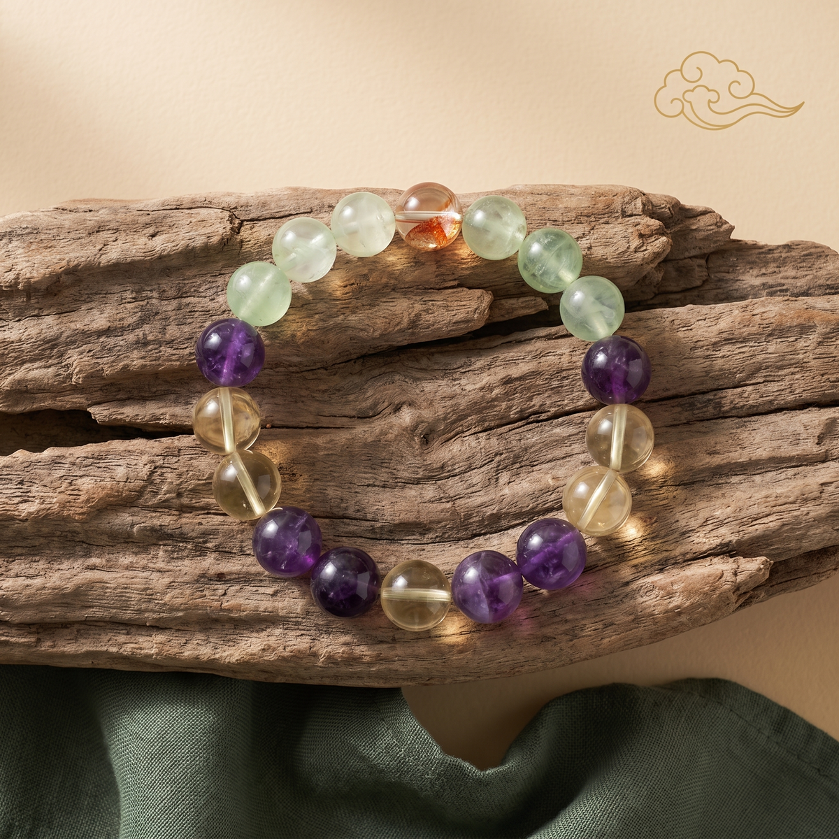 Tri-Cultivate bracelet by Krysora in a brand scene - a red, gold and green three-tone gemstone bracelet