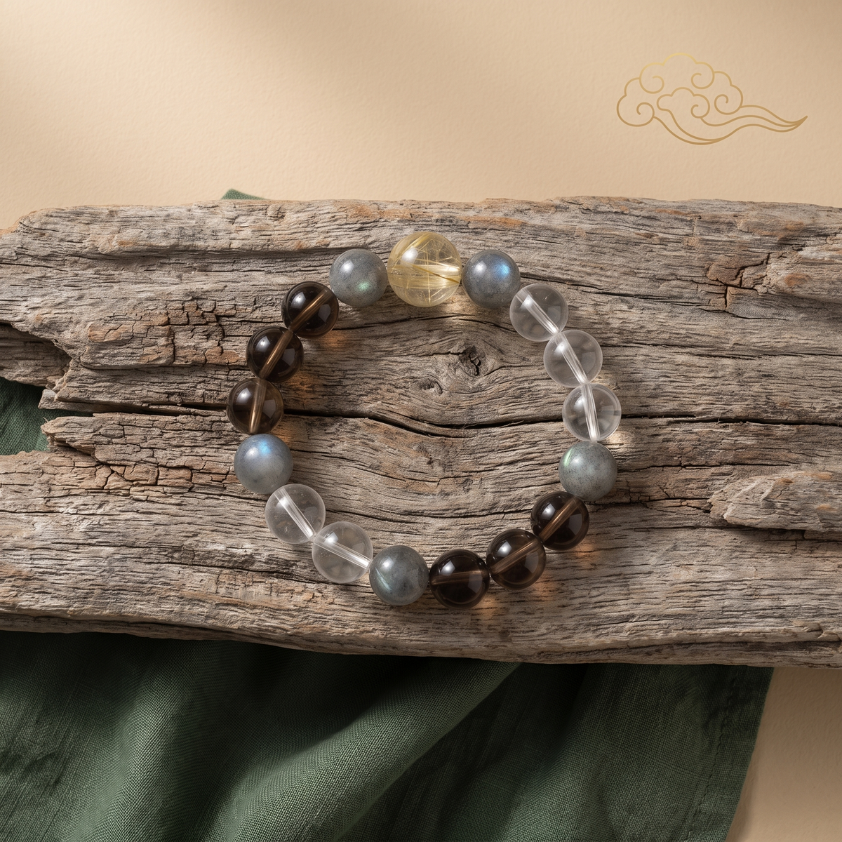Aurum Haze bracelet by Krysora in a brand scene - golden, brown and clear with a cool blue-gray shimmer, a warm gemstone bracelet