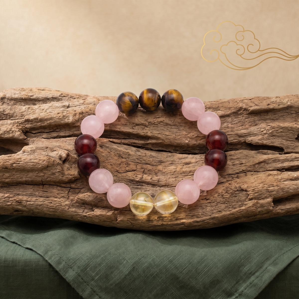 Ember Bloom bracelet by Krysora in a brand scene - soft pink warm red flowing into settled clay warmth