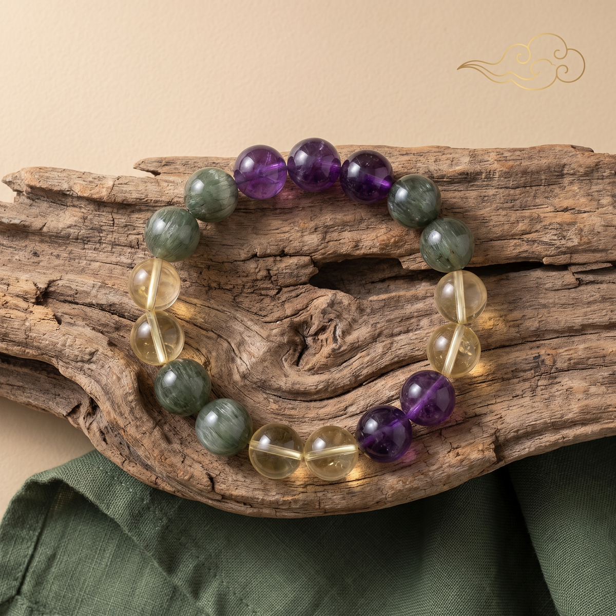 Verdant Flame bracelet by Krysora in a brand scene - fresh spring green meeting warm clay-gold