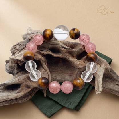 Tawny Blush bracelet by Krysora in a brand scene - warm brown tiger's eye with a soft pink blush, a warm gemstone bracelet