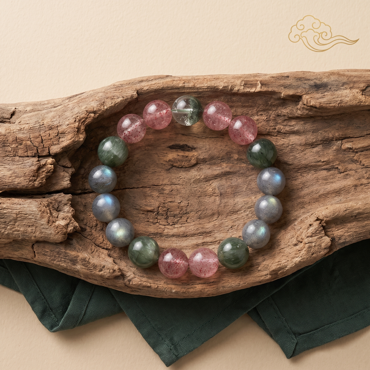 Verdant Bloom bracelet by Krysora in a brand scene - green and berry with a cool blue-gray shimmer, a fresh gemstone bracelet
