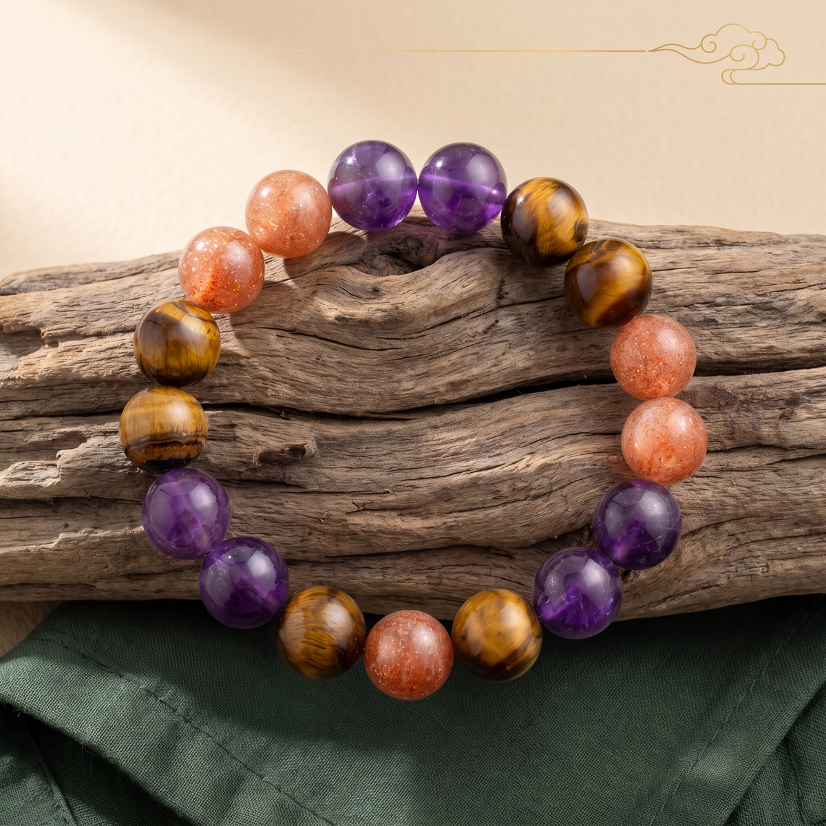 Solar Blaze bracelet by Krysora in a brand scene -- warm gold-purple amethyst, golden sunstone and tiger's eye beads, styled in natural daylight.