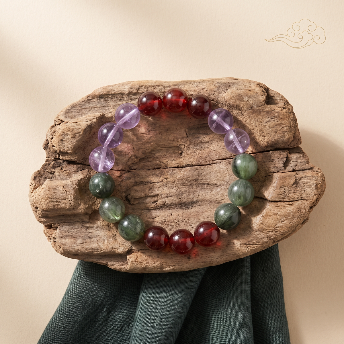 Verdant Spark bracelet by Krysora in a brand scene - sprouting green flowing into warm ember, with a quiet violet bridge