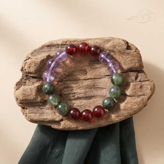 Verdant Spark bracelet by Krysora in a brand scene - sprouting green flowing into warm ember, with a quiet violet bridge