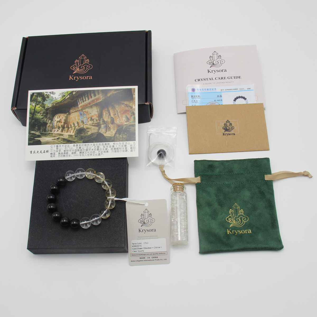 Terra Gold bracelet by Krysora with its gift packaging - black gift box, velvet pouch, care guide and certificate