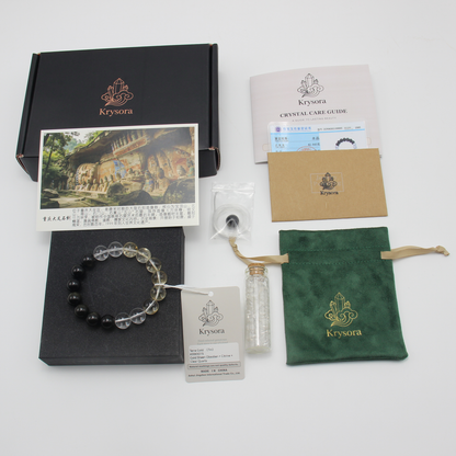 Terra Gold bracelet by Krysora with its gift packaging - black gift box, velvet pouch, care guide and certificate