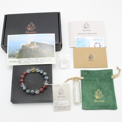 Gilded Blush bracelet by Krysora with its gift packaging - black gift box, velvet pouch, care guide and certificate