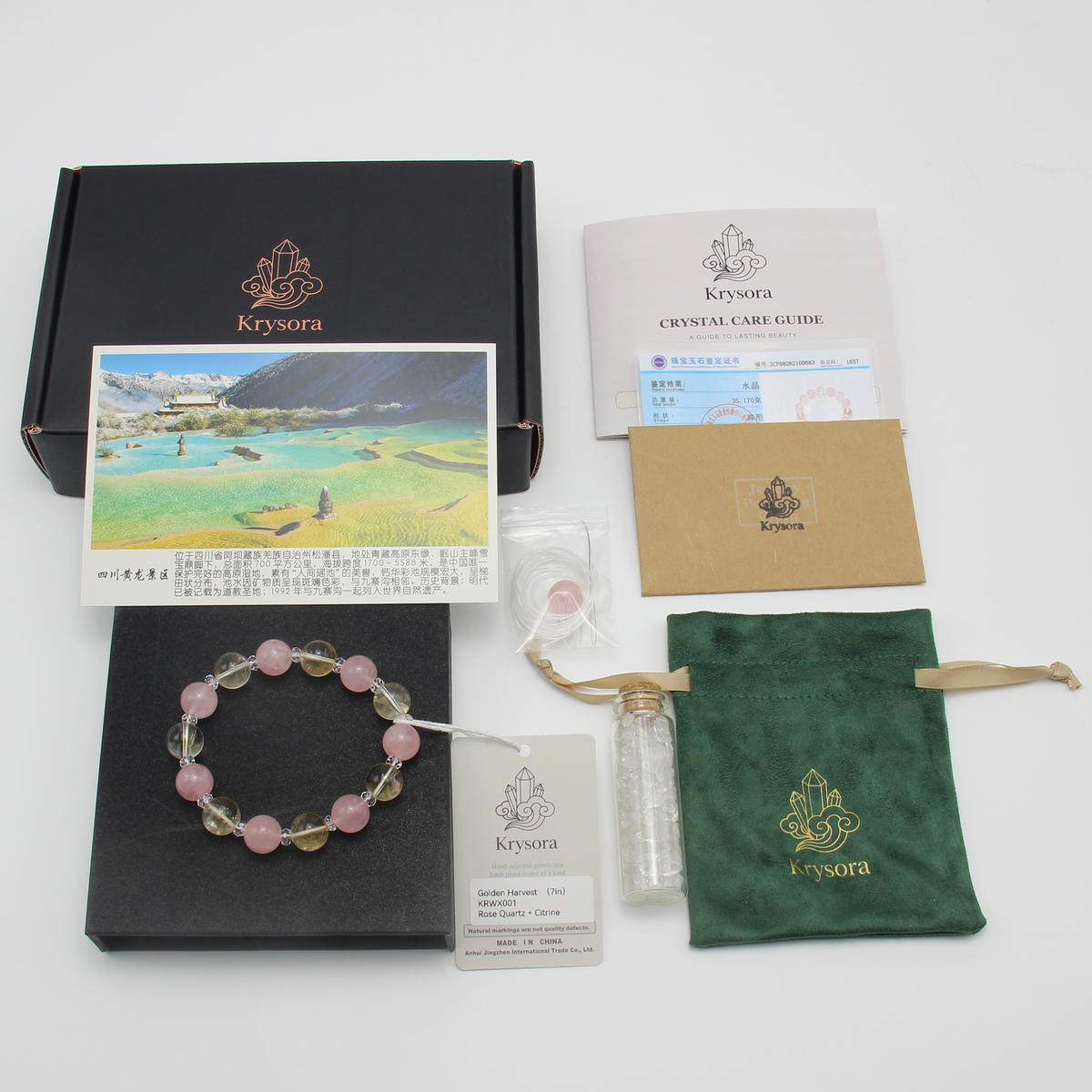 Golden Harvest gift set — bracelet with pouch, care card and gemstone certificate.
