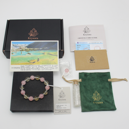 Golden Harvest gift set — bracelet with pouch, care card and gemstone certificate.