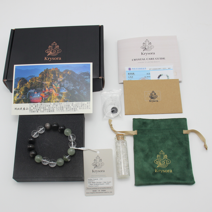 Golden Channel bracelet by Krysora with its gift packaging - black gift box, velvet pouch, care guide and certificate
