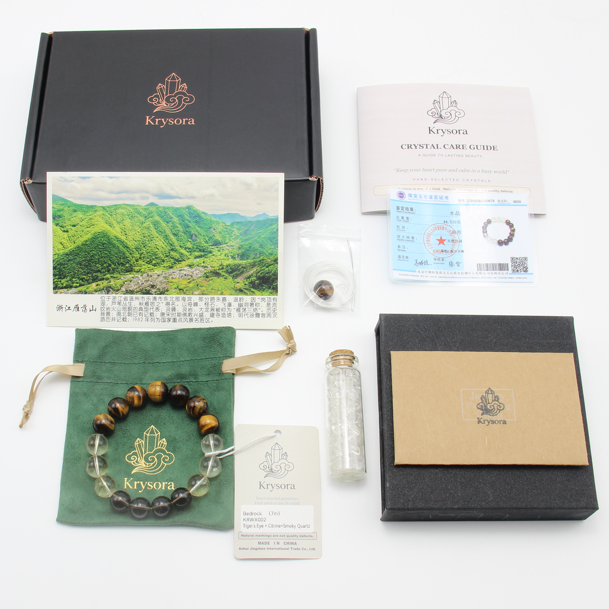Bedrock gift set — bracelet with pouch, care card and gemstone certificate.