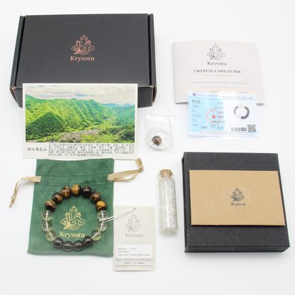 Bedrock gift set — bracelet with pouch, care card and gemstone certificate.