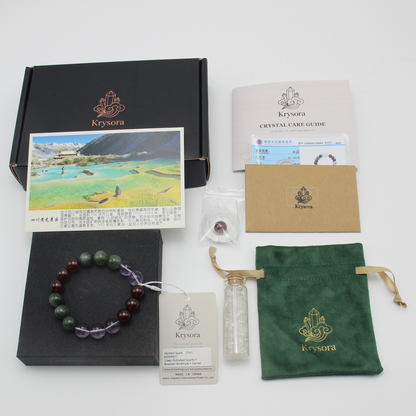 Verdant Spark bracelet by Krysora with its gift packaging - black gift box, velvet pouch, care guide and certificate