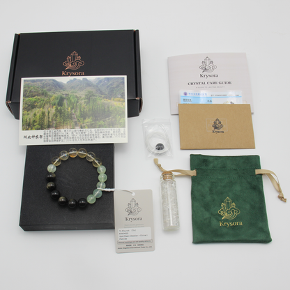 Tri-Flourish bracelet by Krysora with its gift packaging - black gift box, velvet pouch, care guide and certificate
