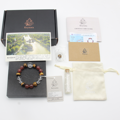 Tawny Blush bracelet by Krysora with its gift packaging - dark gift box, velvet pouch, care guide and certificate
