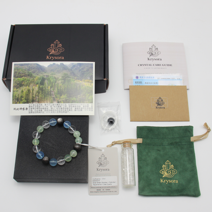 Confluence bracelet by Krysora with its gift packaging - black gift box, velvet pouch, care guide and certificate