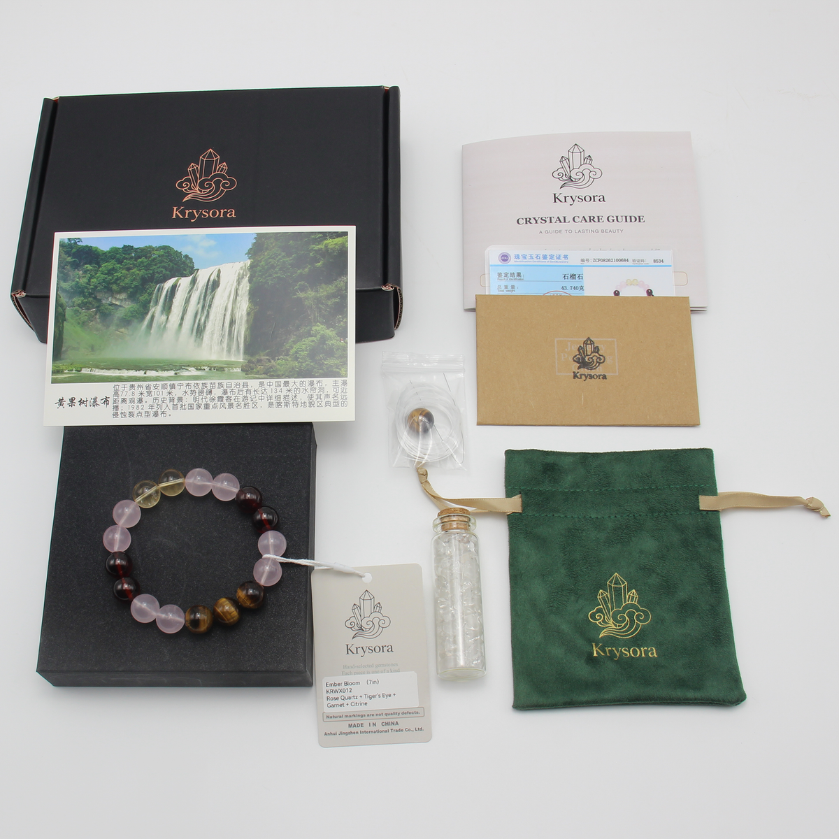Ember Bloom bracelet by Krysora with its gift packaging - black gift box, velvet pouch, care guide and certificate