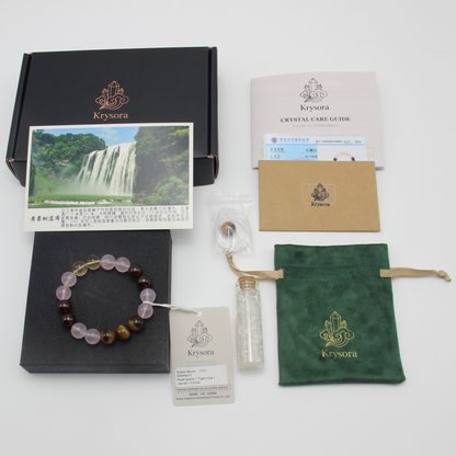 Ember Bloom bracelet by Krysora with its gift packaging - black gift box, velvet pouch, care guide and certificate