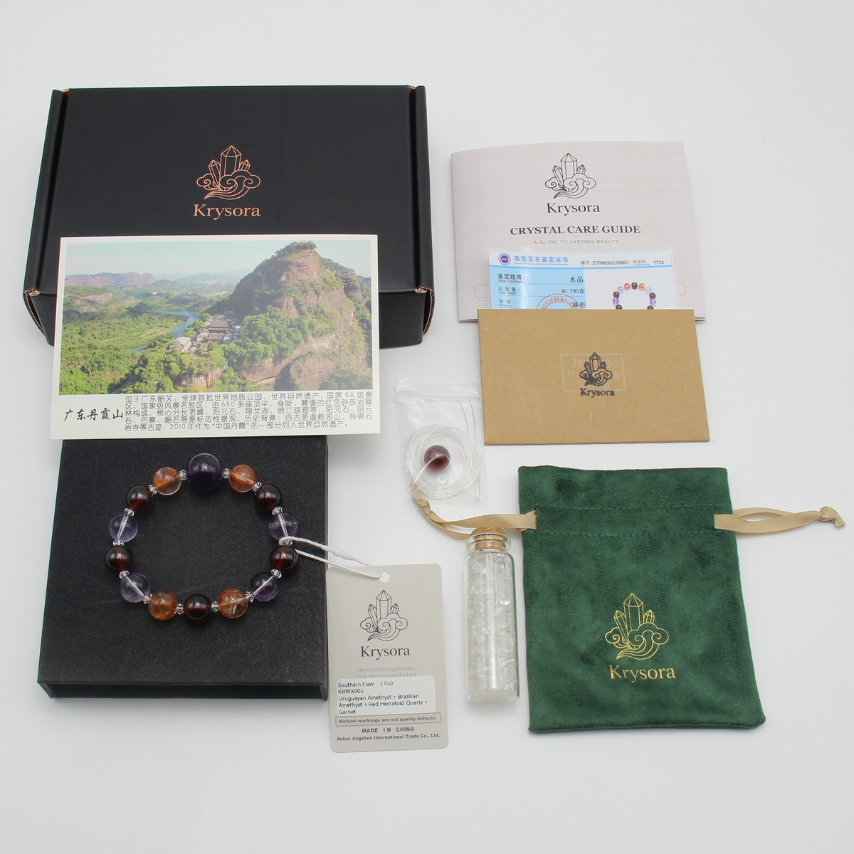 Southern Flame gift set — bracelet with pouch, care card and gemstone certificate.