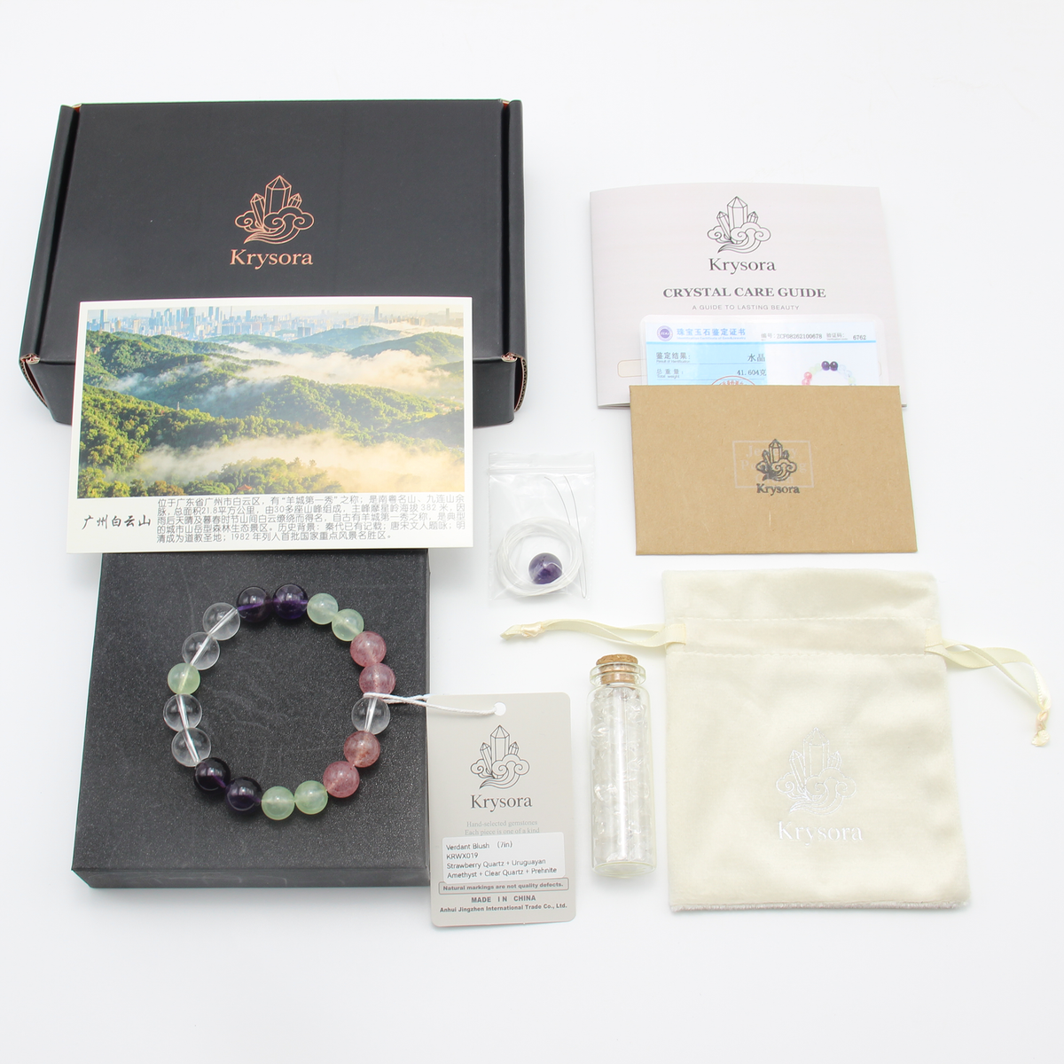 Verdant Blush bracelet by Krysora with its gift packaging - black gift box, velvet pouch, care guide and certificate