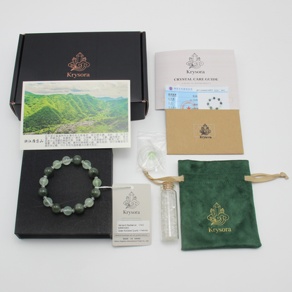 Verdant Radiance gift set — bracelet with pouch, care card and gemstone certificate.