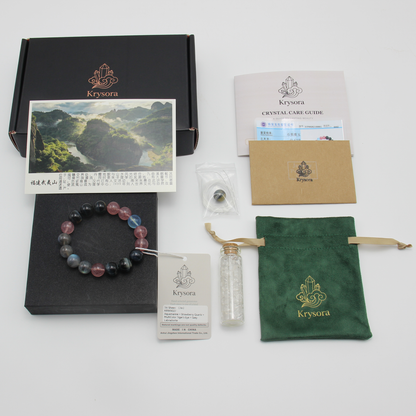 Tri-Sheen bracelet by Krysora with its gift packaging - black gift box, velvet pouch, care guide and certificate