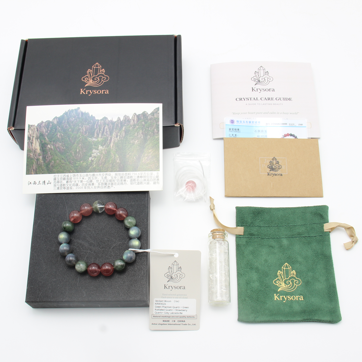 Verdant Bloom bracelet by Krysora with its gift packaging - black gift box, velvet pouch, care guide and certificate