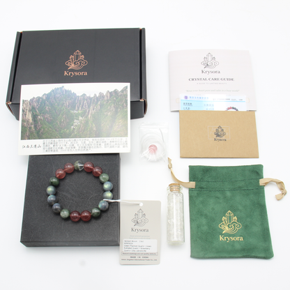 Verdant Bloom bracelet by Krysora with its gift packaging - black gift box, velvet pouch, care guide and certificate