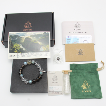 Aurum Haze bracelet by Krysora with its gift packaging - black gift box, velvet pouch, care guide and certificate