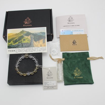 Gilded Radiance bracelet by Krysora with its gift packaging - black gift box, velvet pouch, crystal care guide and certificate