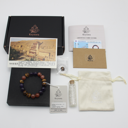 Solar Blaze gift set — bracelet with pouch, care card and gemstone certificate.
