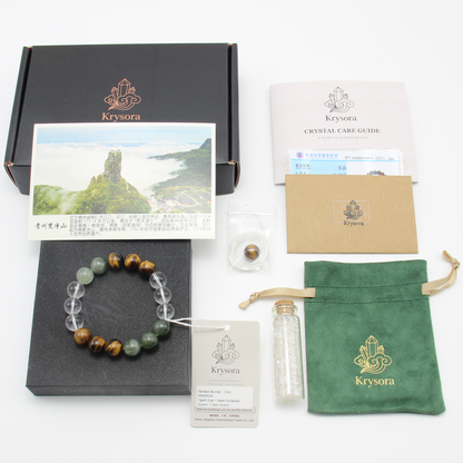 Verdant Bronze bracelet by Krysora with its gift packaging - black gift box, velvet pouch, care guide and certificate