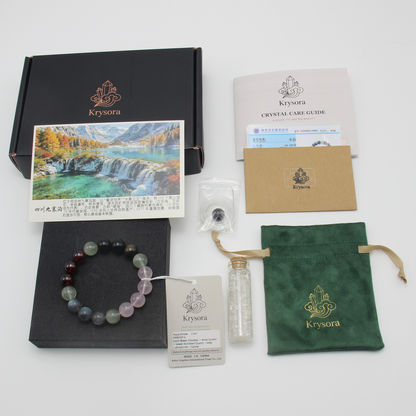 Aqua Ember bracelet by Krysora with its gift packaging - black gift box, velvet pouch, care guide and certificate