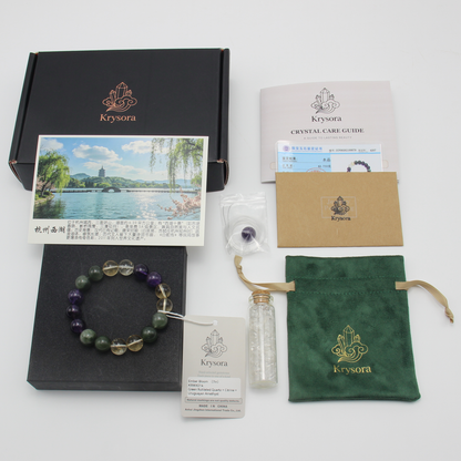 Verdant Flame bracelet by Krysora with its gift packaging - black gift box, velvet pouch, care guide and certificate