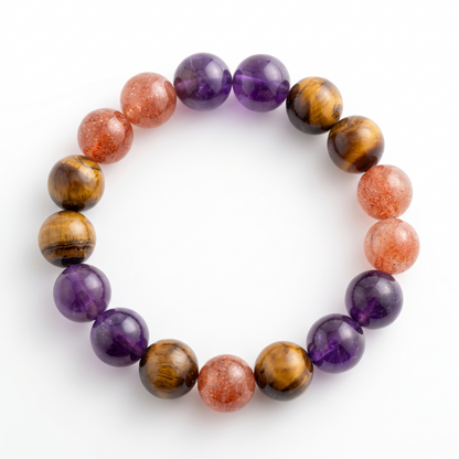 Krysora Solar Blaze — amethyst, golden sunstone and tiger's eye beads, warm gold-purple glow on white.