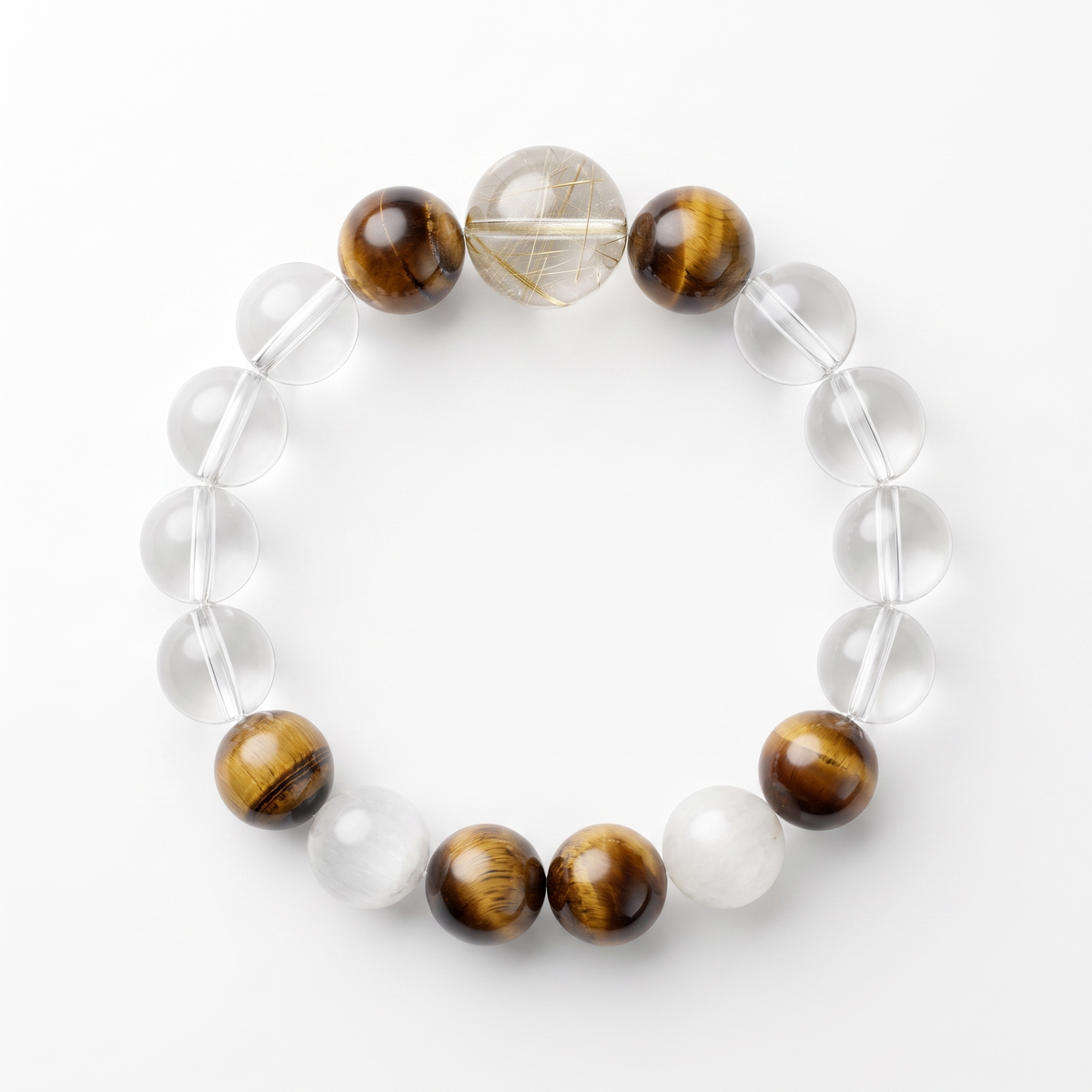 Gilded Silk bracelet by Krysora - Golden Rutilated Quartz, Tiger's Eye, Clear Quartz and White Rutilated Quartz beads, champagne gold and warm clay palette, product photo on white background