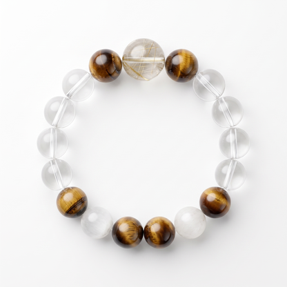Gilded Silk bracelet by Krysora - Golden Rutilated Quartz, Tiger's Eye, Clear Quartz and White Rutilated Quartz beads, champagne gold and warm clay palette, product photo on white background