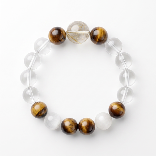Gilded Silk bracelet by Krysora - Golden Rutilated Quartz, Tiger's Eye, Clear Quartz and White Rutilated Quartz beads, champagne gold and warm clay palette, product photo on white background