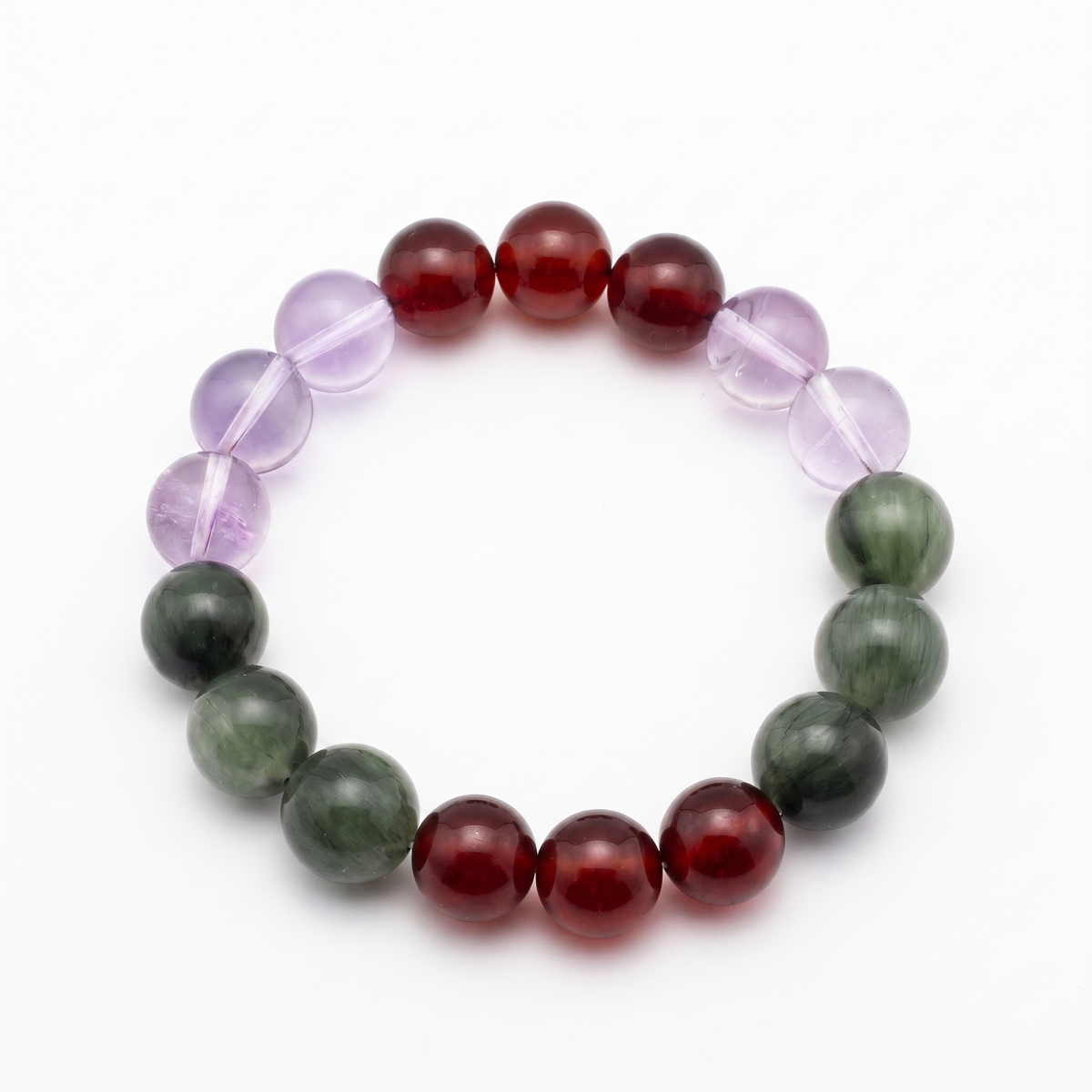 Verdant Spark bracelet by Krysora - Green Rutilated Quartz, Brazilian Amethyst and Garnet beads, sprouting green and warm ember palette, product photo on white background