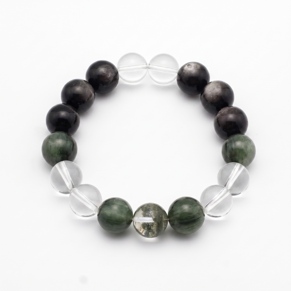 Golden Channel bracelet by Krysora - Silver Sheen Obsidian, Clear Quartz, Green Rutilated and Green Phantom beads, deep silvery Ink and fresh Sage green palette, product photo on white background