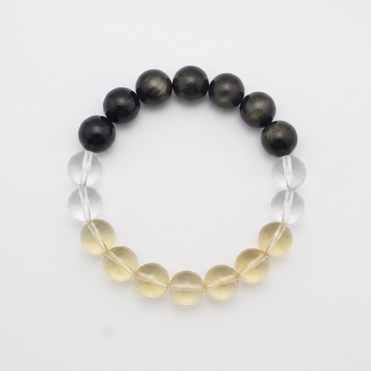 Terra Gold bracelet by Krysora - Golden Sheen Obsidian, Citrine and Clear Quartz beads, deep ink-gold with warm clay-gold palette, product photo on white background