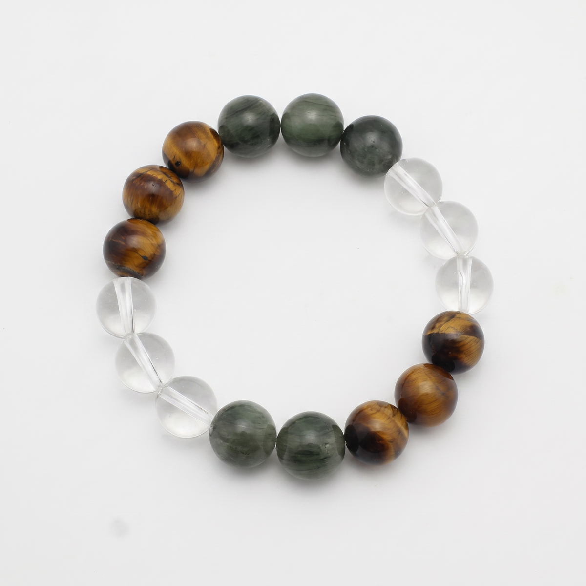 Verdant Bronze bracelet by Krysora - Green Rutilated Quartz and Tiger's Eye with Clear Quartz accents, verdant green and golden-brown palette, product photo on white background