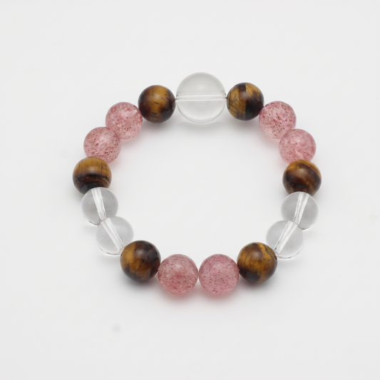 Tawny Blush bracelet by Krysora - Tiger's Eye, Strawberry Quartz, Clear Quartz beads, product photo on plain background