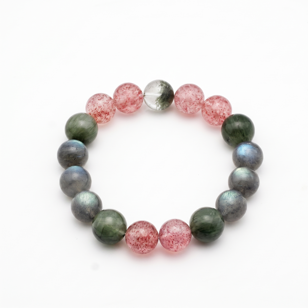 Verdant Bloom bracelet by Krysora - Green Phantom Quartz and Green Rutilated Quartz with Strawberry Quartz and Gray Labradorite, green and berry palette, product photo on white background