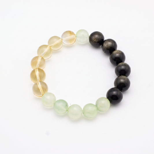 Tri-Flourish bracelet by Krysora - black Gold Sheen Obsidian with honey-gold Citrine and soft green Prehnite, product photo on white background
